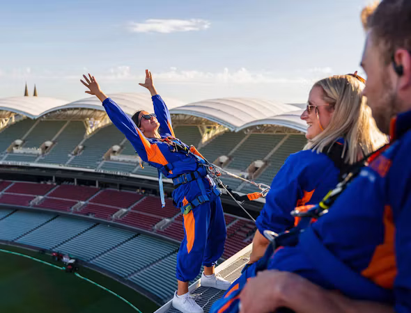 Climbers celebrating on a stadium skyline walk