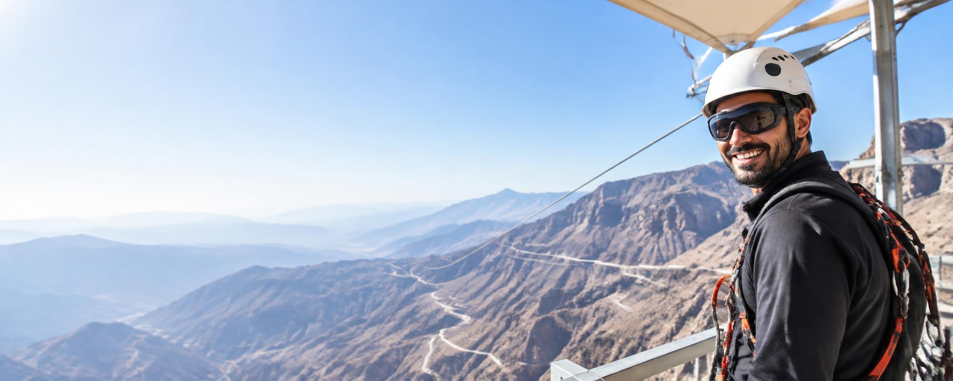 Traveler ready for a mountain zipline adventure in the UAE